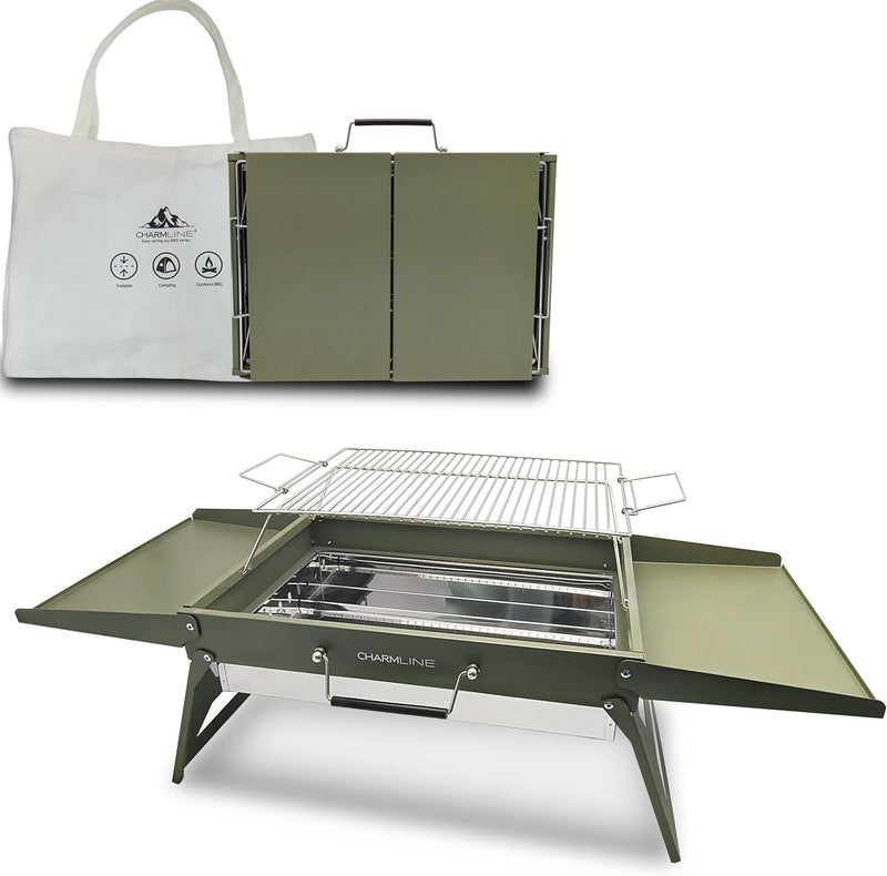 Charmline 20x14 inches Big Portable Charcoal Grill, Compact Grill with Liftable Grilling Net, Saving Space Barbeque Grill for Camping, Picnics, Gardens and Beach Parties, Green, Max - Image 1